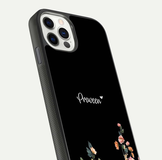 Floral Design Personalized Custom Name Glass Case for iPhone 11 Pro dual-view layout displaying artistic tones and curved finish