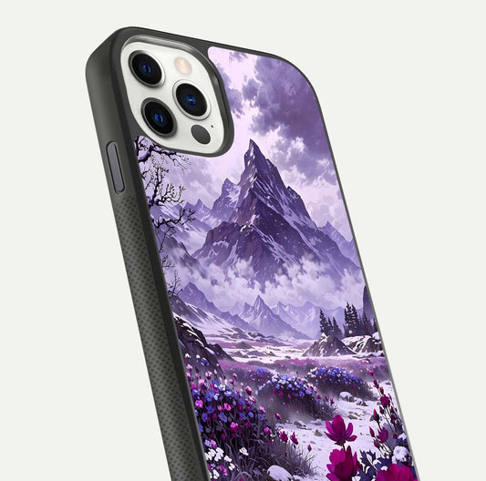 Flower Mountain View Glass Case for iPhone 11 Pro dual-view layout displaying scenic tones and curved glass finish