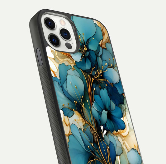 Golden Bloom Symphony Glass Case for iPhone 11 Pro front and back view layout highlighting rich floral tones and curved glass edges