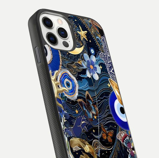 Golden Moon Magic Glass Case for iPhone 11 Pro front and back view layout highlighting celestial tones and curved glass