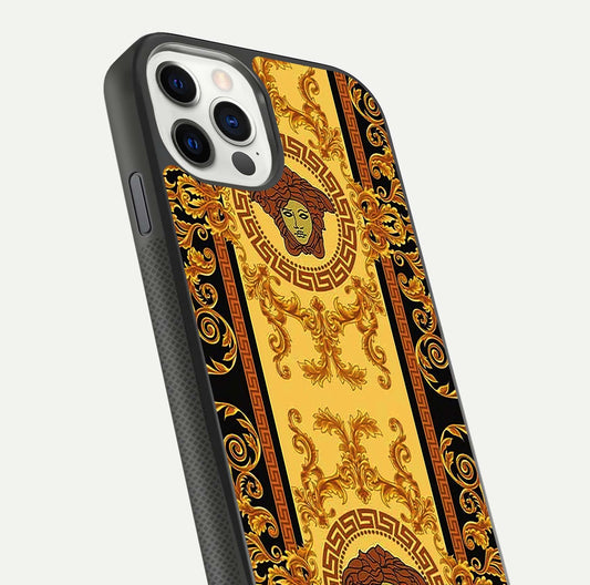 Golden Royal Heritage Glass Case for iPhone 11 Pro front and back view layout displaying ornate gold texture and curved edges