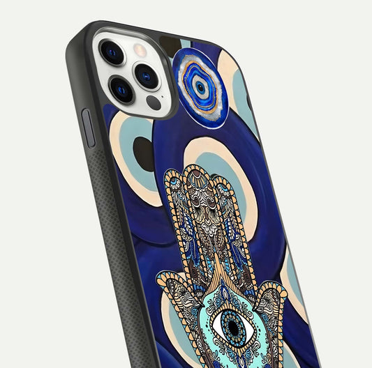 Hamsa Divine Guard Glass Case for iPhone 11 Pro front and back view layout highlighting spiritual artwork and smooth edges