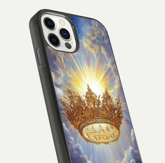 Heavenly Crown Light Glass Case for iPhone 11 Pro front and back view layout highlighting golden aura tones and curved glass edges