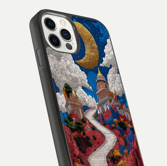 Heavenly Moon Path Glass Case for iPhone 11 Pro front and back view layout displaying night sky tones and curved glass edges