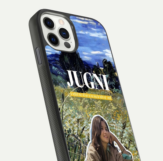 Jugni Soul Vibes Glass Case for iPhone 11 Pro front and back view layout highlighting desi art and curved glass edges