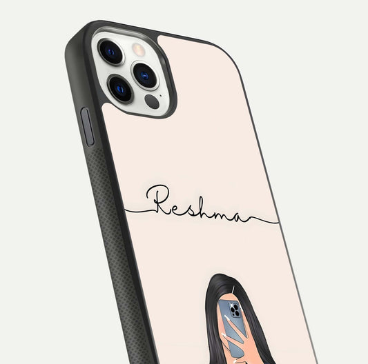 Mirror Mood Muse Custom Name Glass Case for iPhone 11 Pro front & back layout showing personalized name placement