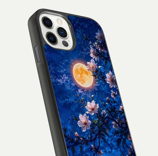 Moonlit Blossoms Night Glass Case for iPhone 11 Pro front & back layout highlighting moonlit tones and curved edges