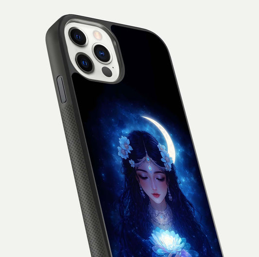 Mystic Moon Queen Glass Case for iPhone 11 Pro front & back layout highlighting divine illustration and edges