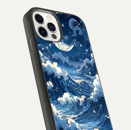 Ocean Moon Waves Glass Case for iPhone 11 Pro front & back layout highlighting water flow and smooth edges
