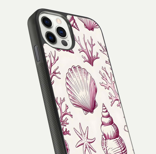 Pink Shells Outline Glass Case for iPhone 11 Pro front & back layout showing soft pastel tones and edge design