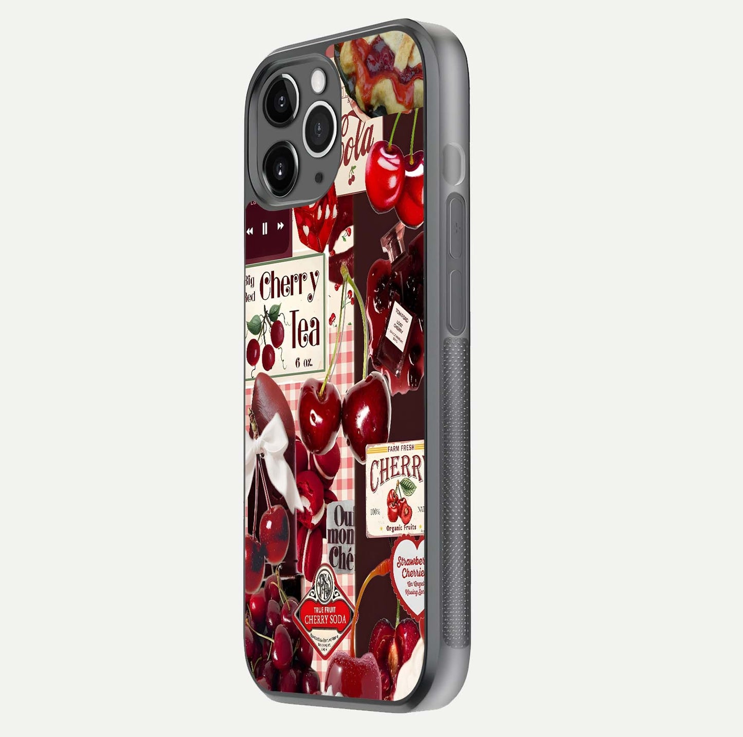 Aesthetic Cherry Tea Glass Case for iPhone 11 Pro Max floating dual-view mockup showing edge design and detailed cherry pattern gloss texture