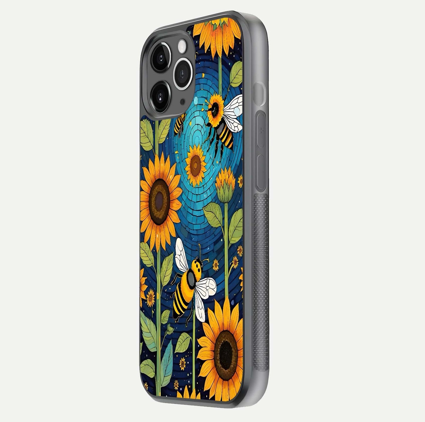 Bees & Sunflowers Glass Case for iPhone 11 Pro Max floating dual-view mockup displaying vibrant yellow tones and gloss texture