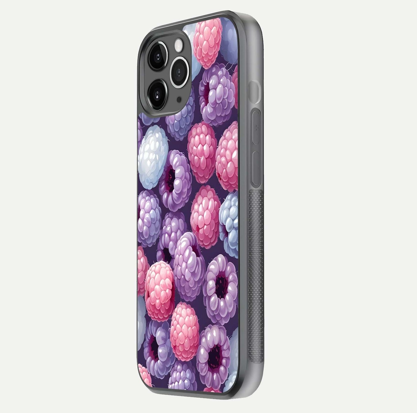 Berry Candy Pop Glass Case for iPhone 11 Pro Max floating dual-view mockup highlighting gloss shine and curved edges