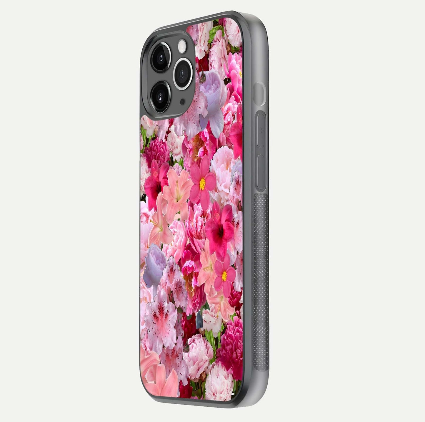 Bloom Crush Fantasy Glass Case for iPhone 11 Pro Max floating mockup showing floral pattern clarity and HD glass