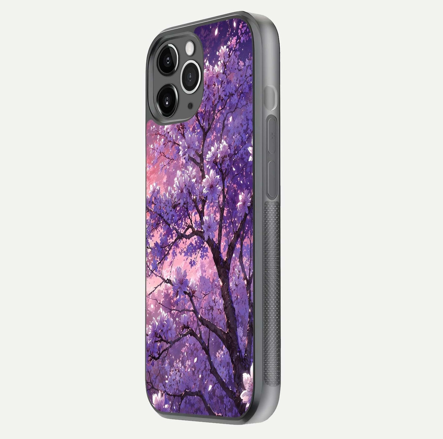 Blossom Tree Glass Case for iPhone 11 Pro Max floating dual-mockup displaying texture detail and curved edges