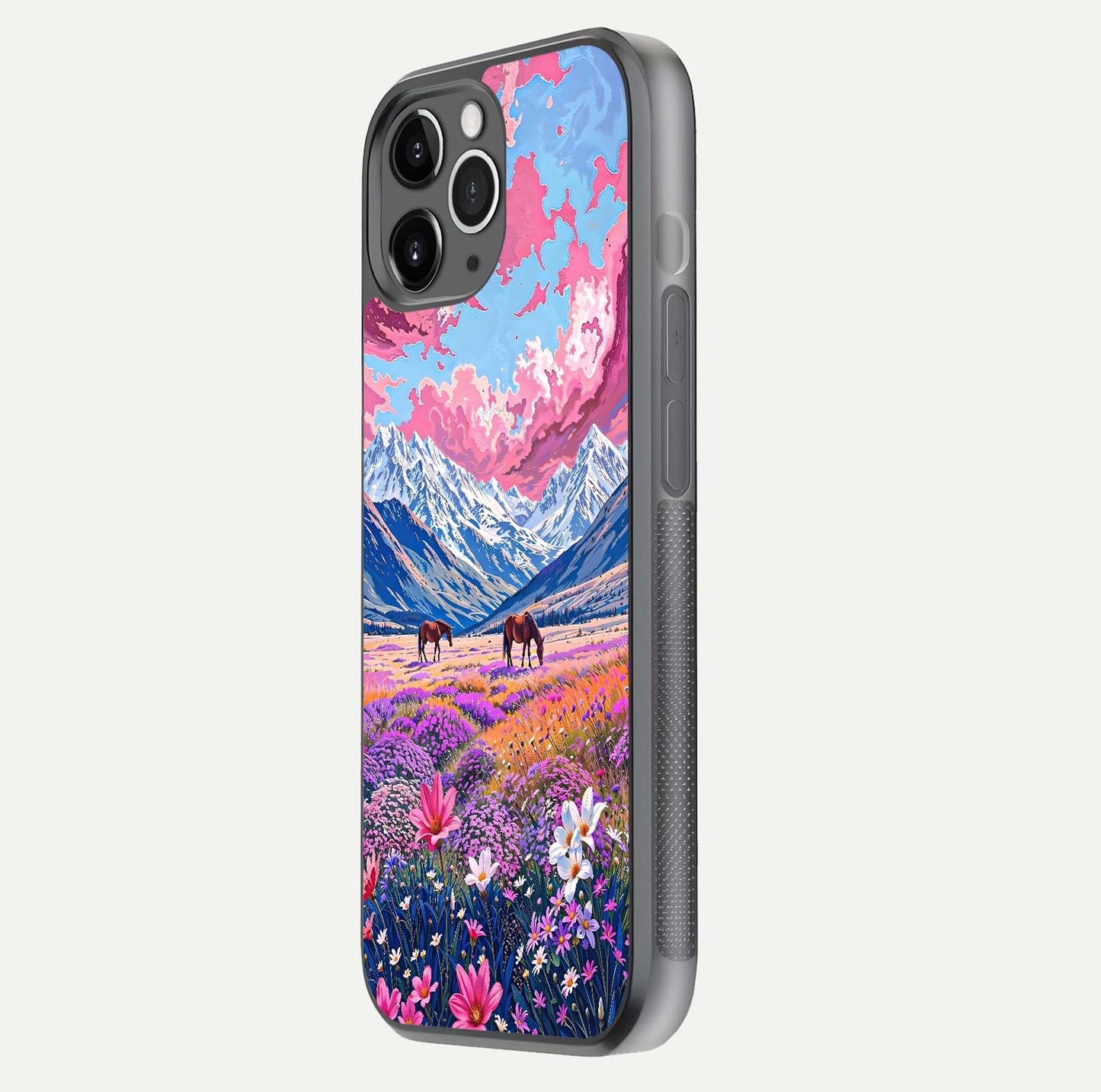 Blossom Valley Dream Glass Case for iPhone 11 Pro Max floating mockup showing floral valley blend and reflective surface