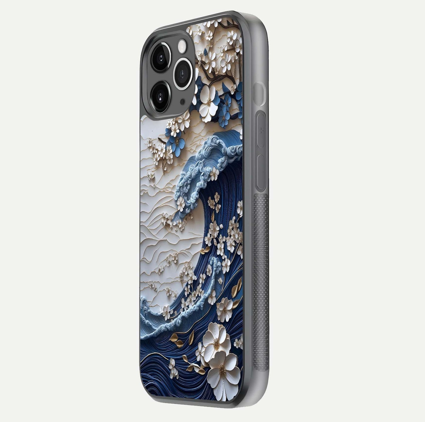 Blossom Wave Art Glass Case for iPhone 11 Pro Max floating mockup displaying pattern details and reflective shine