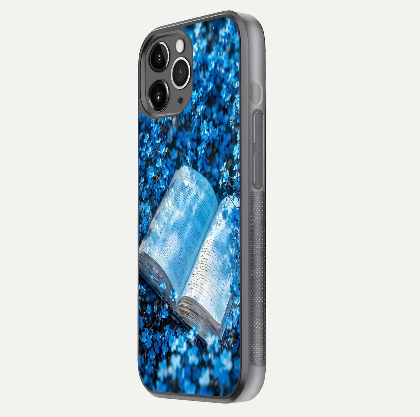 Blue Bloom Tales Glass Case for iPhone 11 Pro Max floating mockup showing detailed bloom and reflective surface