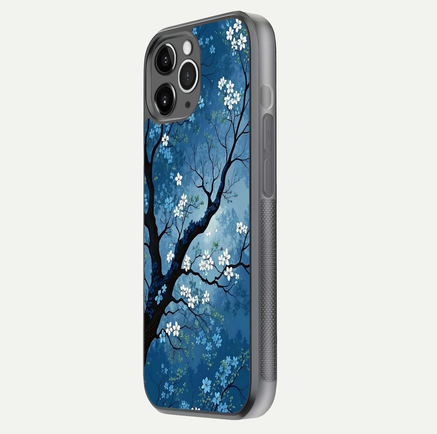 Blue Tree Serenity Glass Case for iPhone 11 Pro Max floating mockup displaying serene tones and HD glass polish