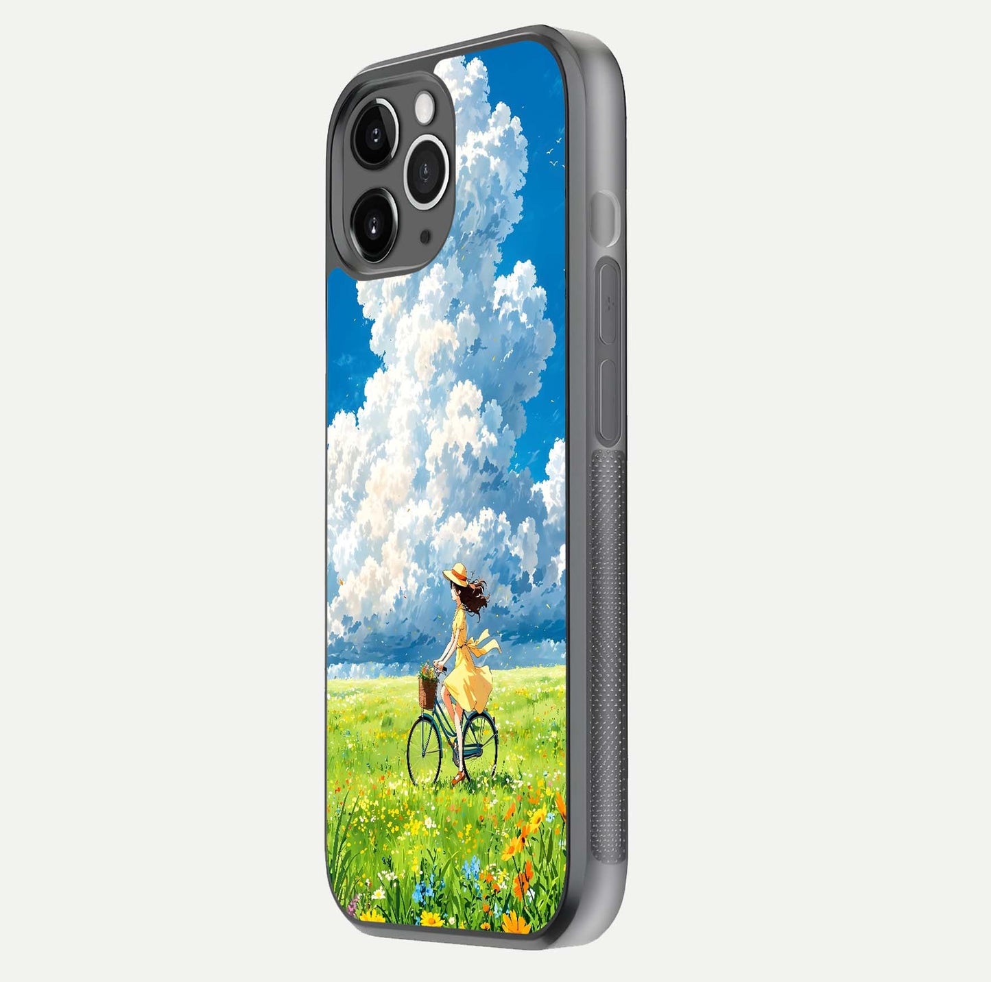 Breezy Meadow Ride Glass Case for iPhone 11 Pro Max floating mockup capturing serene tones and smooth finish