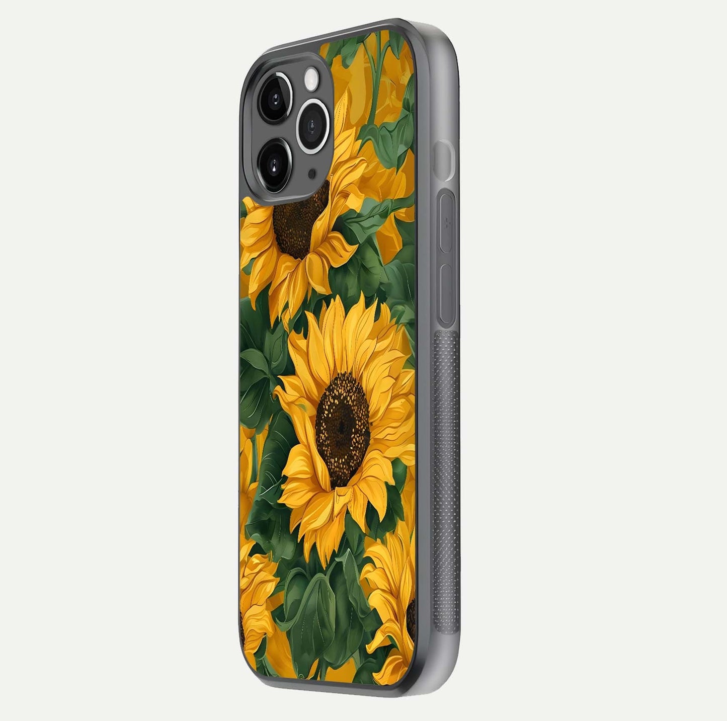 Bright Sunflower Bloom Glass Case for iPhone 11 Pro Max floating mockup capturing vibrant tones and gloss surface