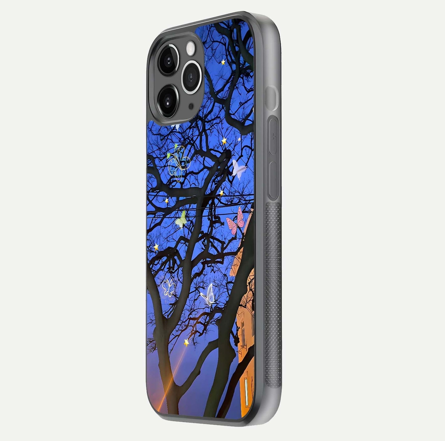 Butterfly Night Magic Glass Case for iPhone 11 Pro Max floating mockup showing night glow and smooth polish