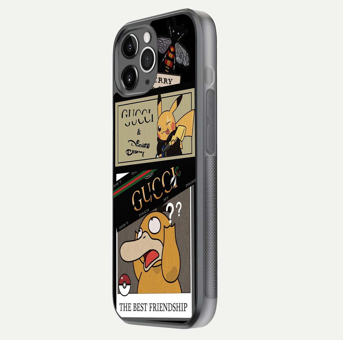 Cartoon Brand Play Mashup Glass Case for iPhone 11 Pro Max floating dual-view mockup showing gloss surface and vivid reflection