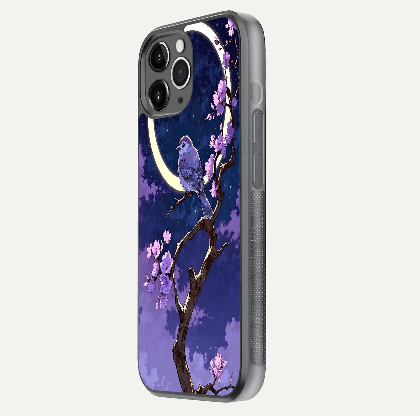 Celestial Bird Blossom Glass Case for iPhone 11 Pro Max floating mockup showing cosmic floral tones and HD gloss