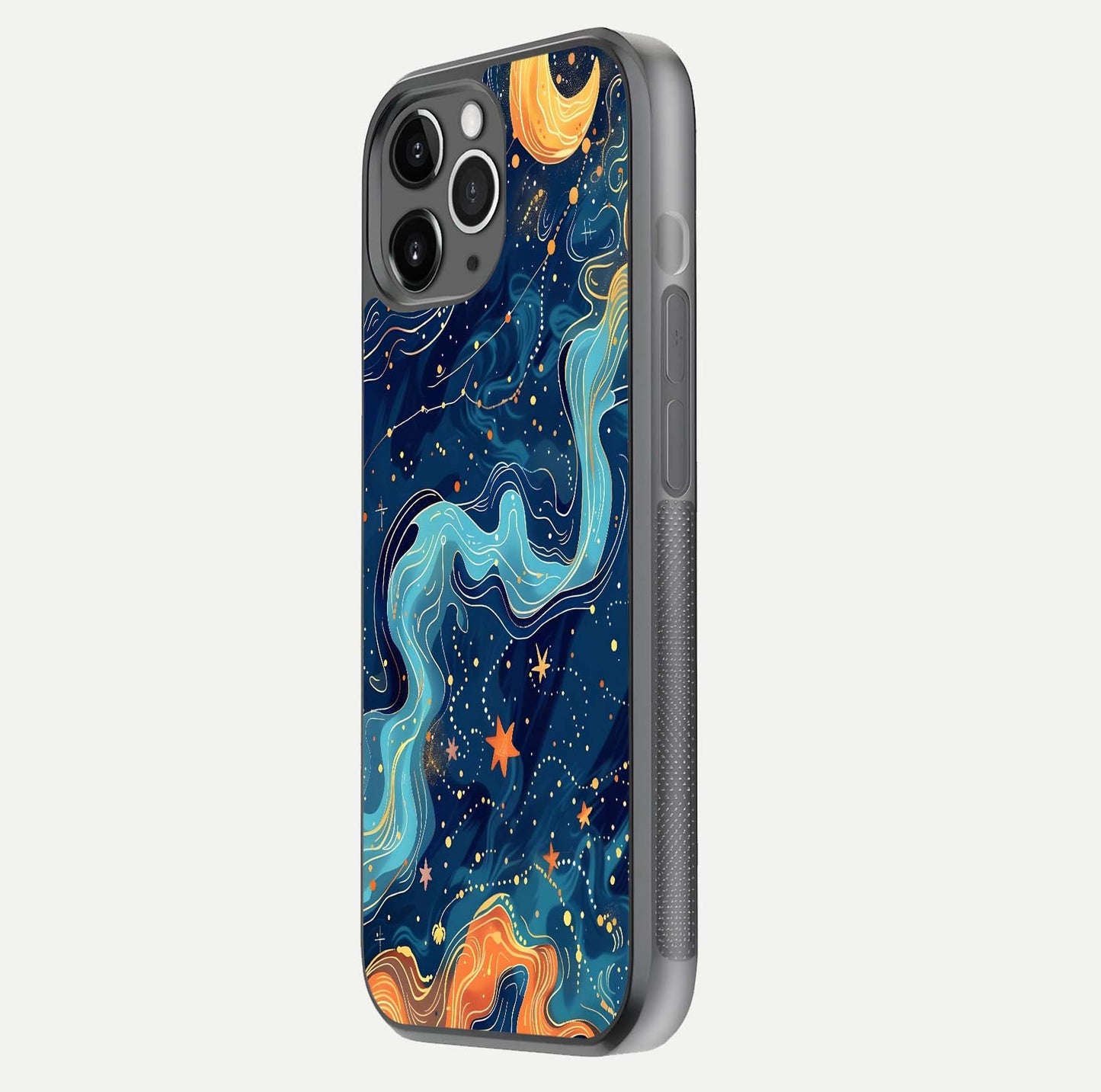 Celestial Dream Flow Glass Case for iPhone 11 Pro Max floating mockup displaying gloss shimmer and artistic composition