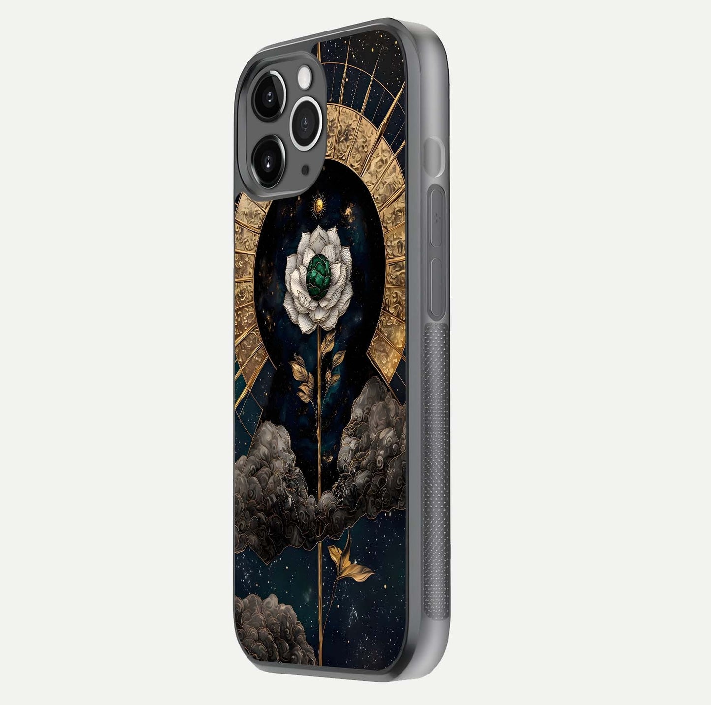 Celestial Lotus Morang Glass Case for iPhone 11 Pro Max floating mockup showing gloss depth and cosmic lotus glow