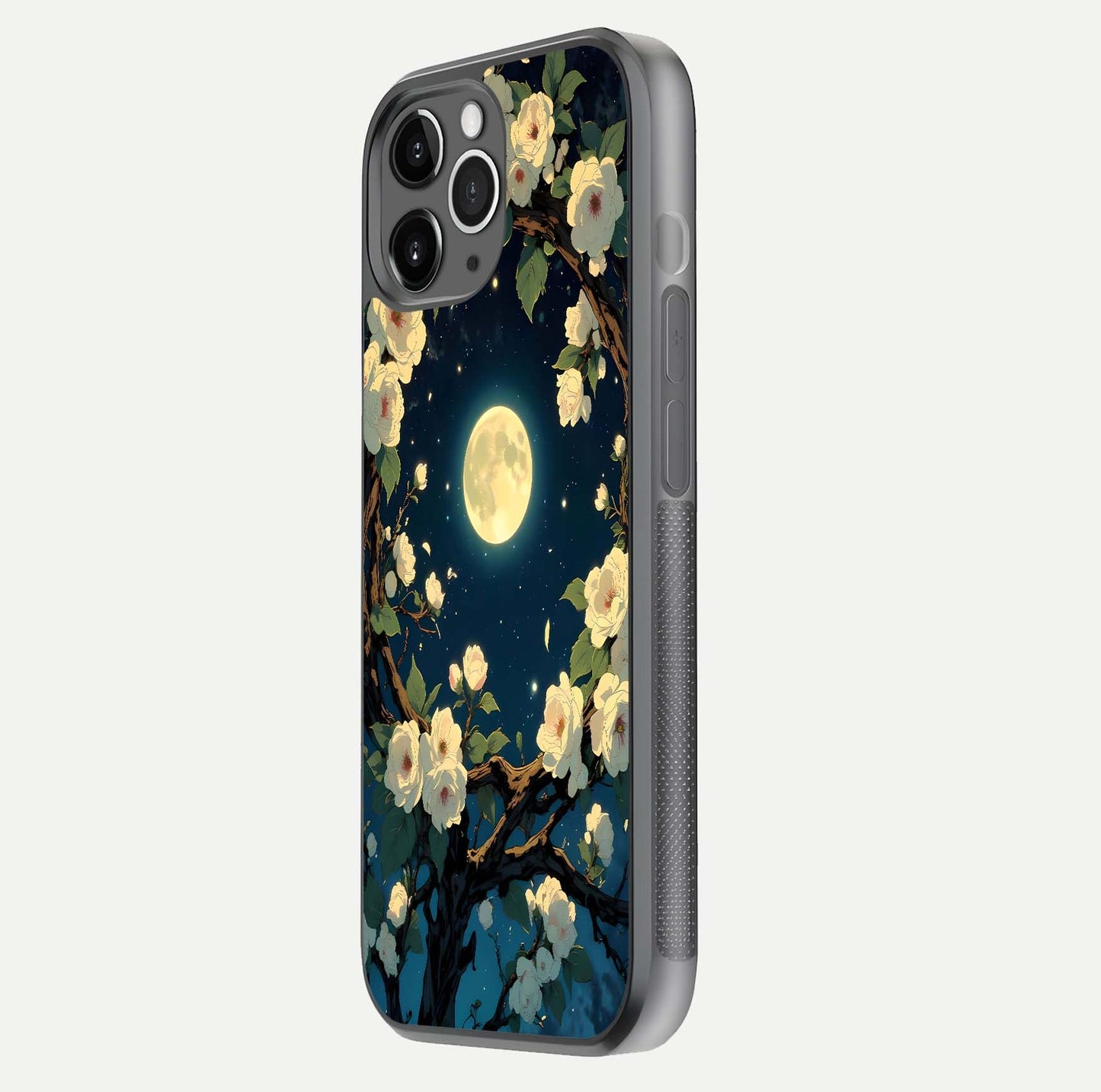 Celestial Moon & Flower Glass Case for iPhone 11 Pro Max floating mockup emphasizing HD shine and delicate texture