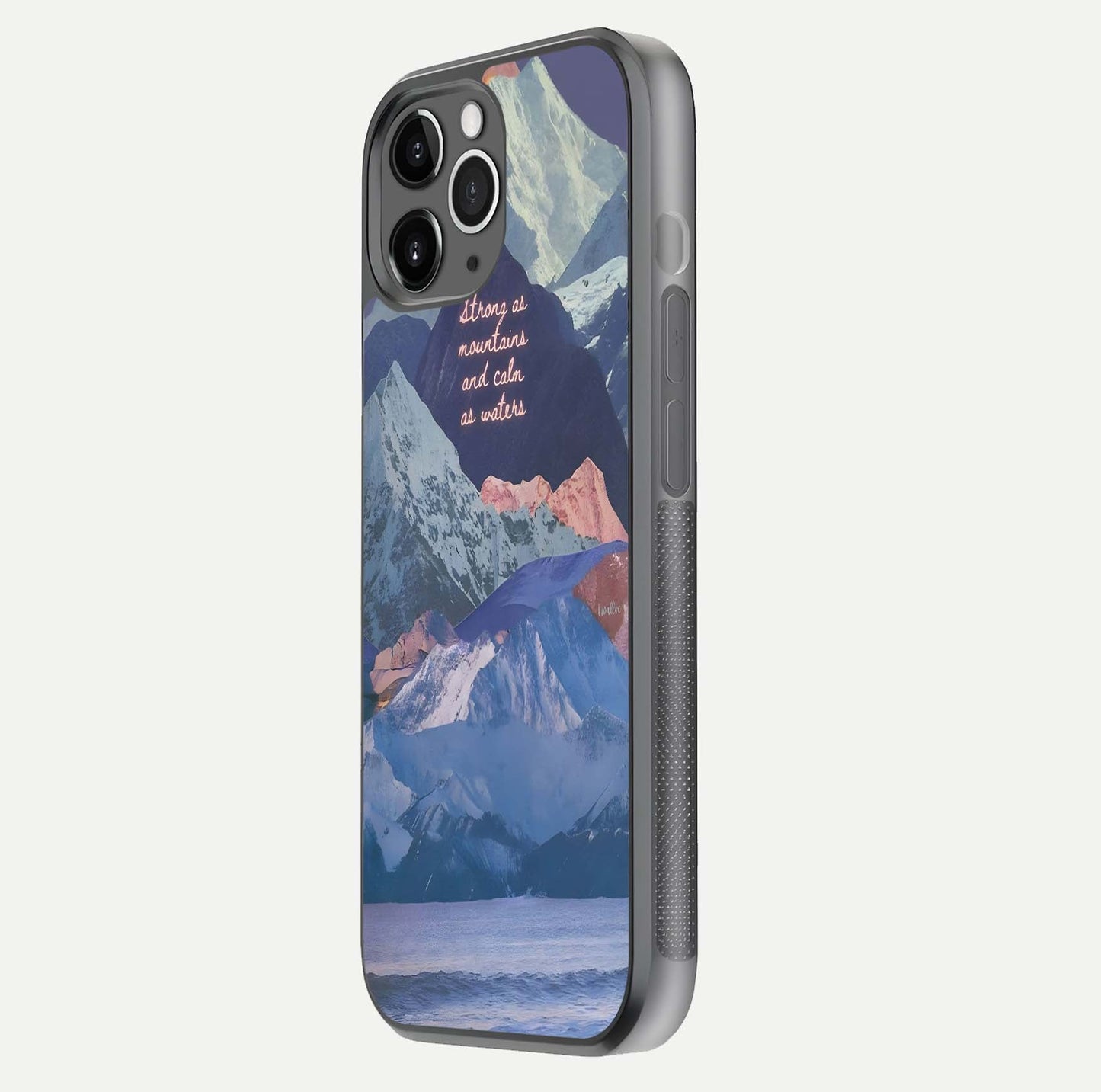 Celestial Mountain Calm Glass Case for iPhone 11 Pro Max floating mockup showing glow depth and polished edges