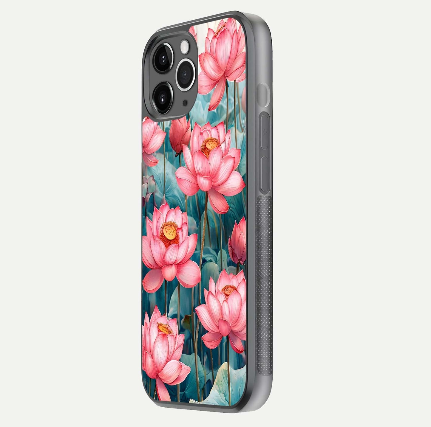 Celestial Pink Lotus Glass Case for iPhone 11 Pro Max floating mockup displaying cosmic tone and gloss surface