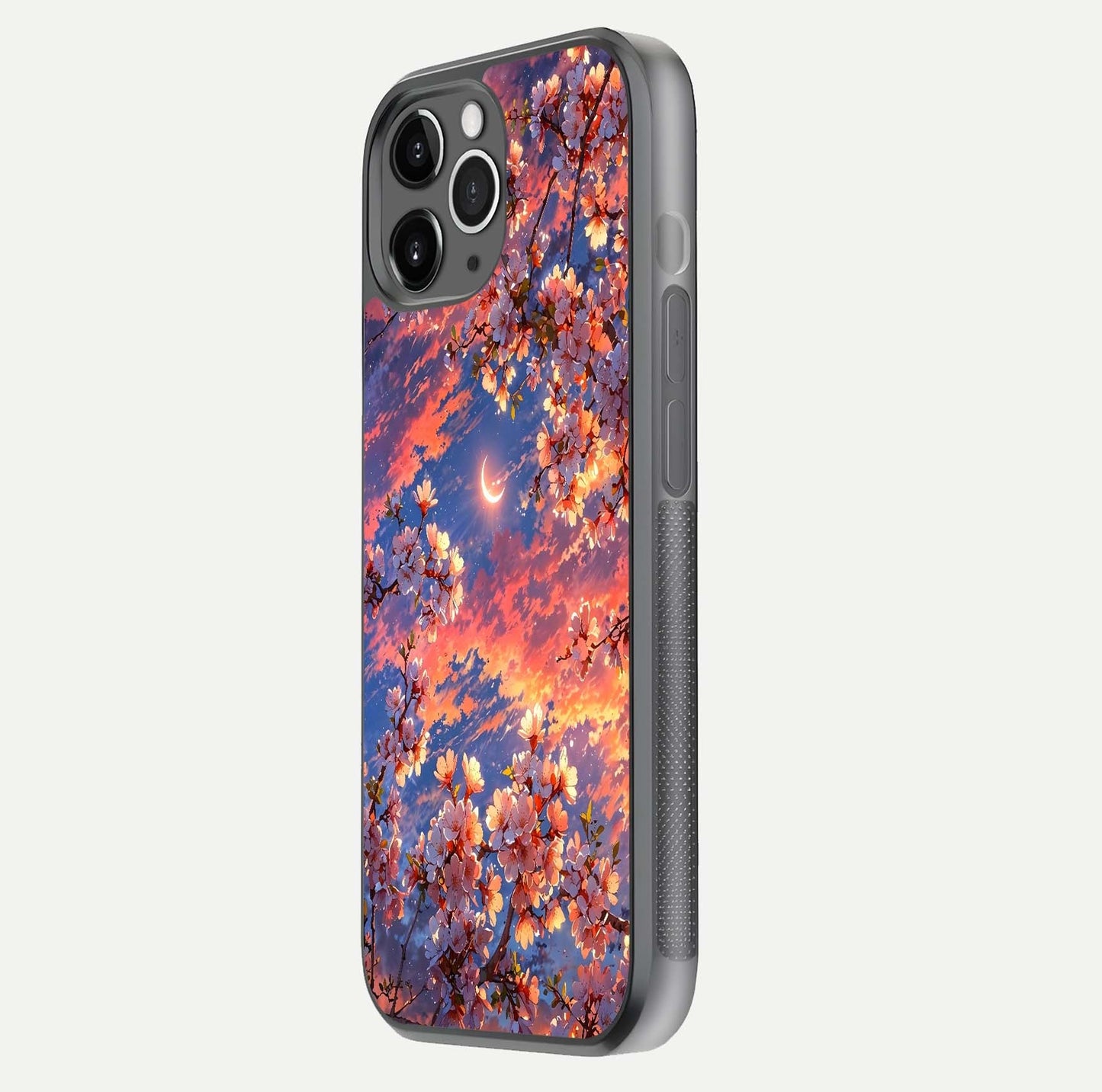 Celestial Sakura Sunset Glass Case for iPhone 11 Pro Max floating mockup capturing sunset hue and smooth gloss