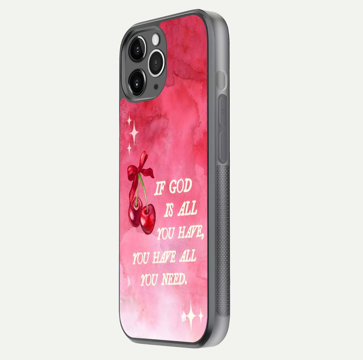 Cherry Quote Glass Case for iPhone 11 Pro Max floating mockup capturing shine texture and clear typography