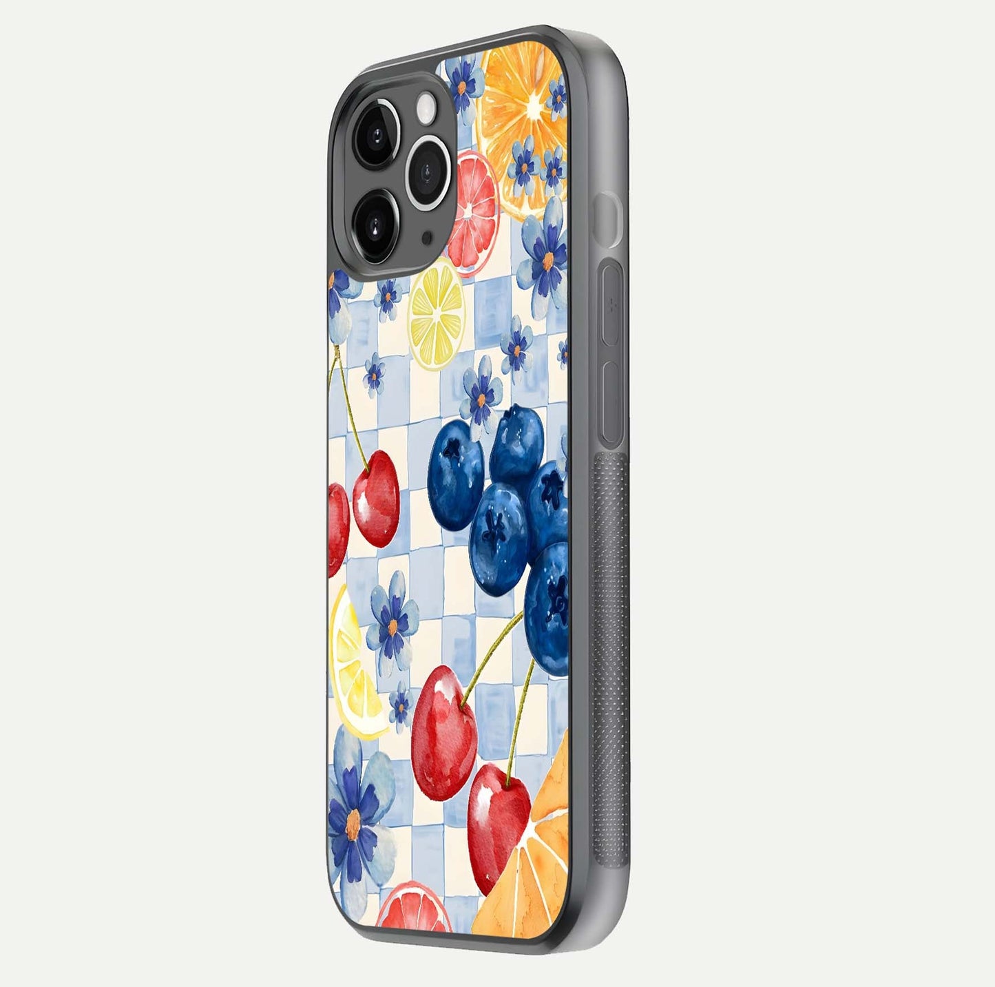 Citrus Bloom Joy Glass Case for iPhone 11 Pro Max floating mockup showing HD gloss and lively tone