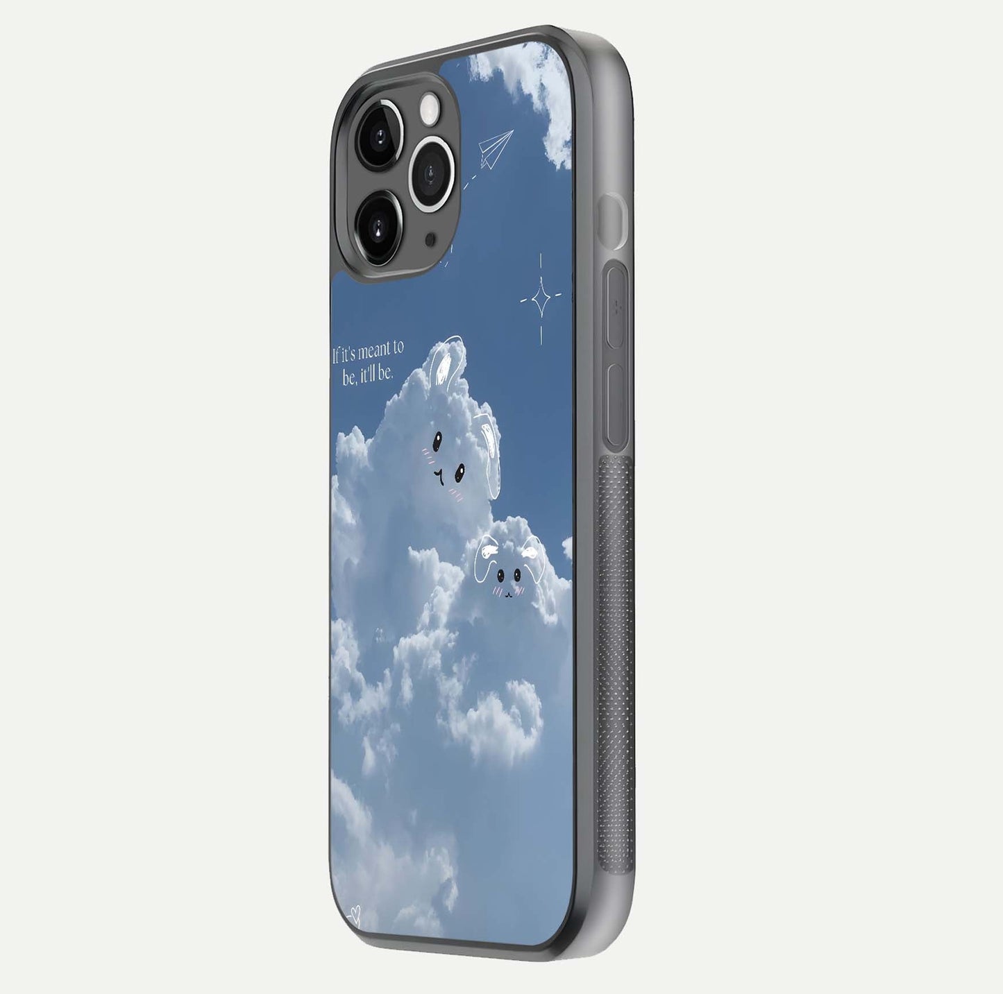 Cloud Bunny Dreams Glass Case for iPhone 11 Pro Max floating mockup showing soft gradient and gloss reflection