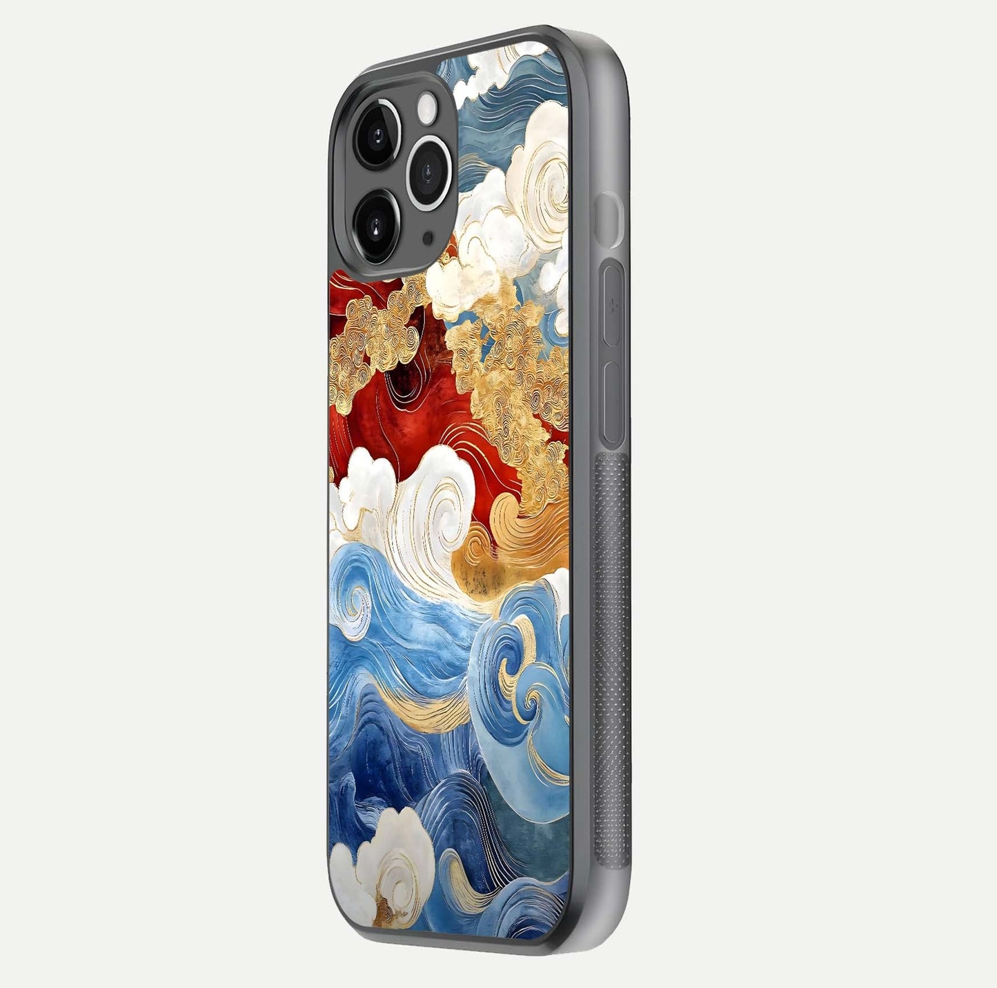 Colored Waves Glass Case for iPhone 11 Pro Max floating dual-view mockup displaying gloss finish and color contrast