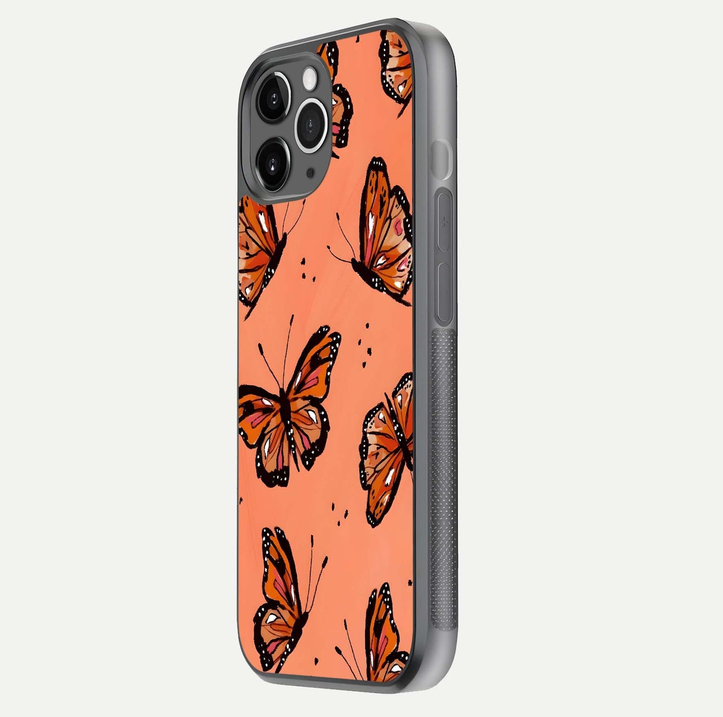 Coral Wing Butterfly Glass Case for iPhone 11 Pro Max floating mockup showing HD gloss texture and vivid coral color