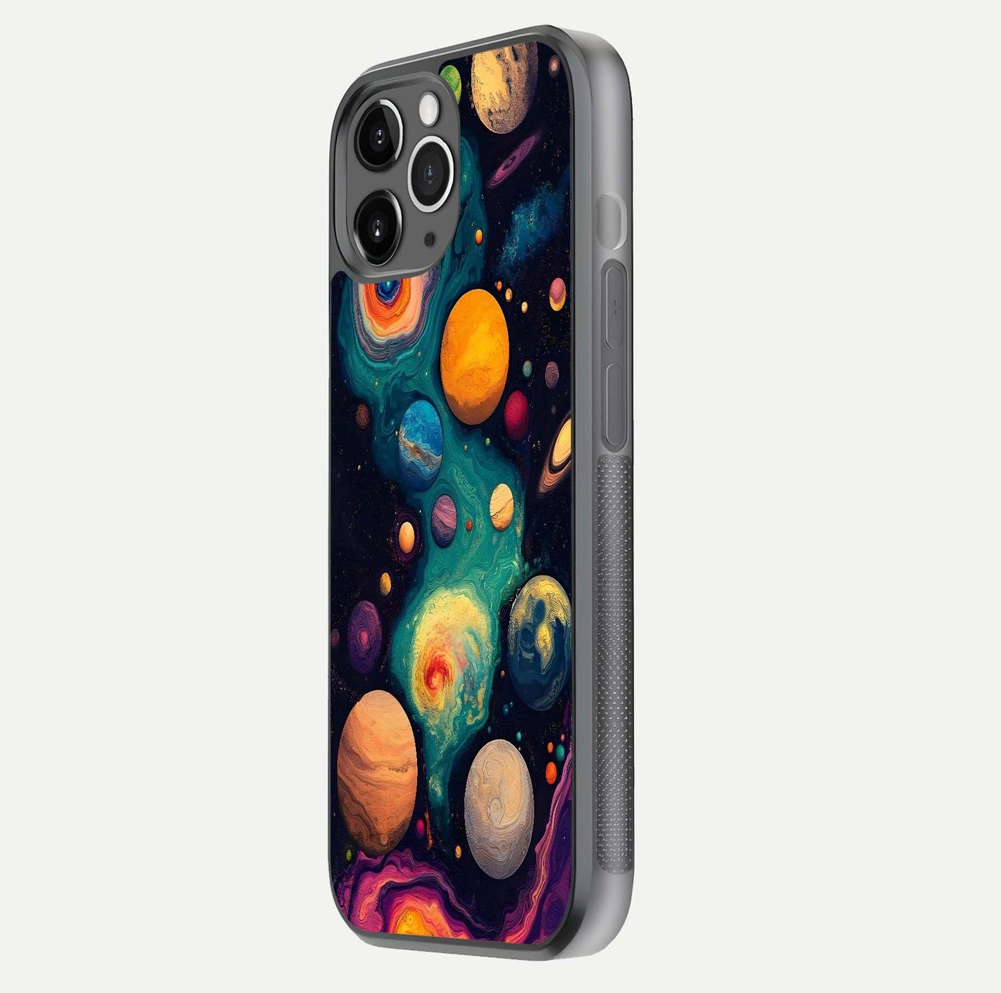 Cosmic Planet Journey Glass Case for iPhone 11 Pro Max floating mockup showing gloss gradient and deep shine