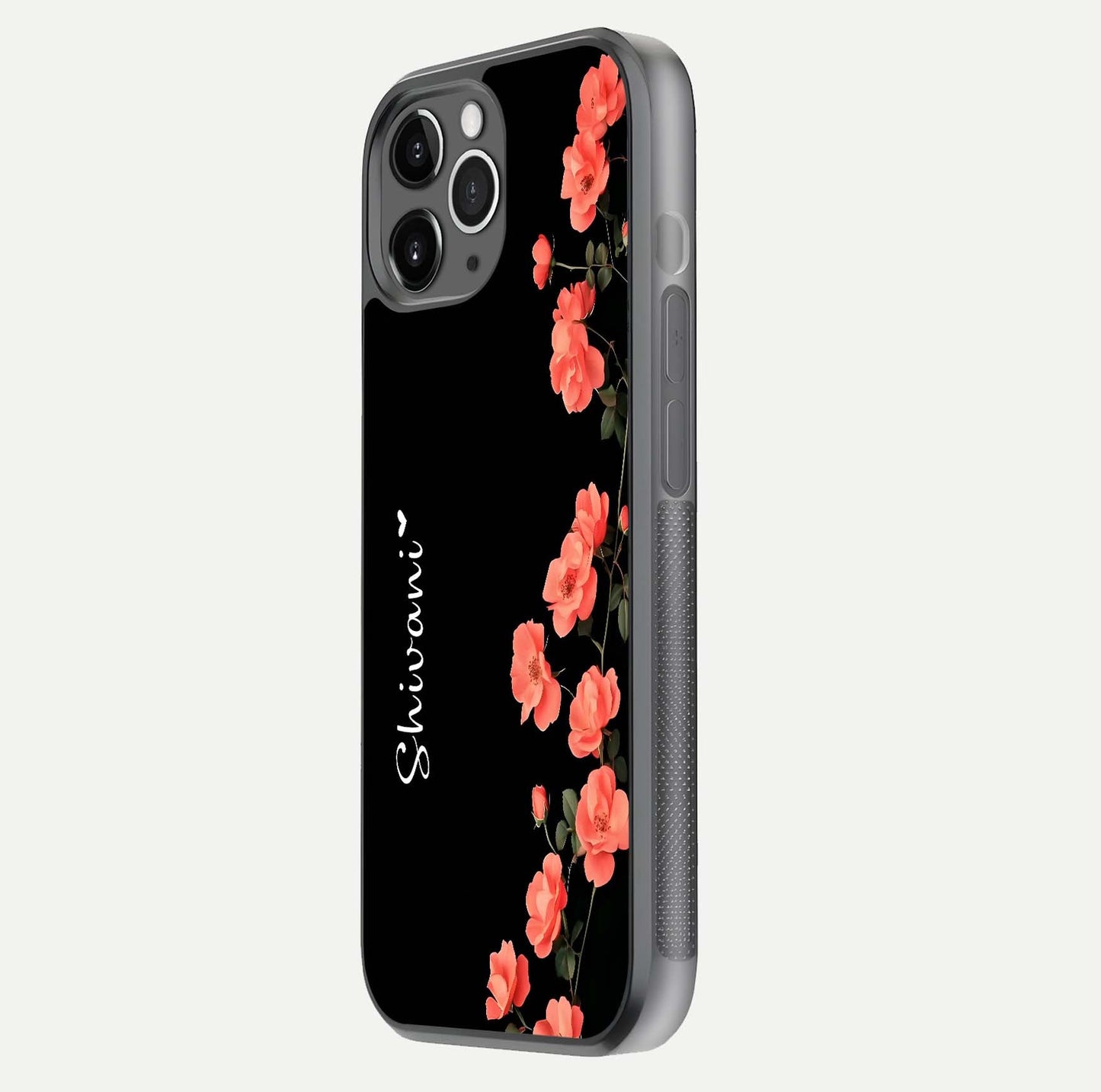 Crimson Bloom Grace Custom Name Glass Case for iPhone 11 Pro Max floating mockup showing HD gloss and floral tones