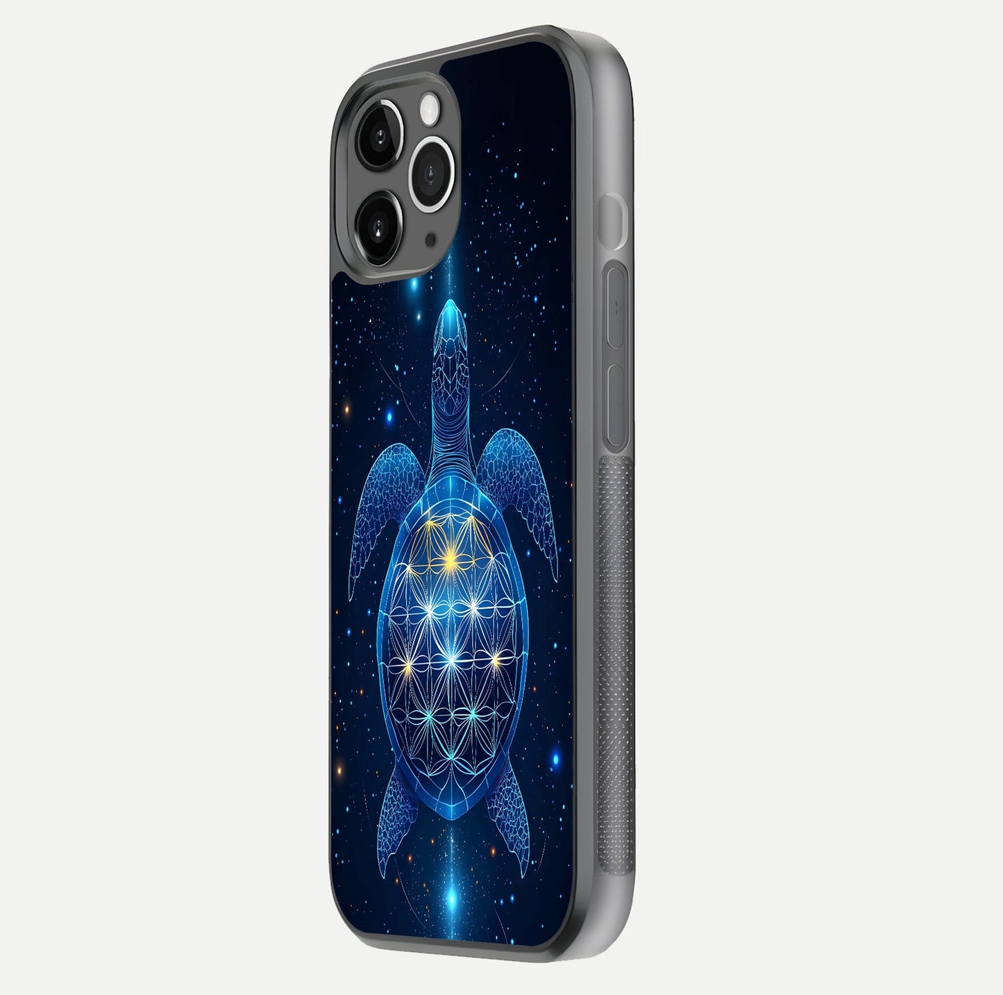 Crimson Blue Turtle Glass Case for iPhone 11 Pro Max floating mockup showing reflection polish and deep hues