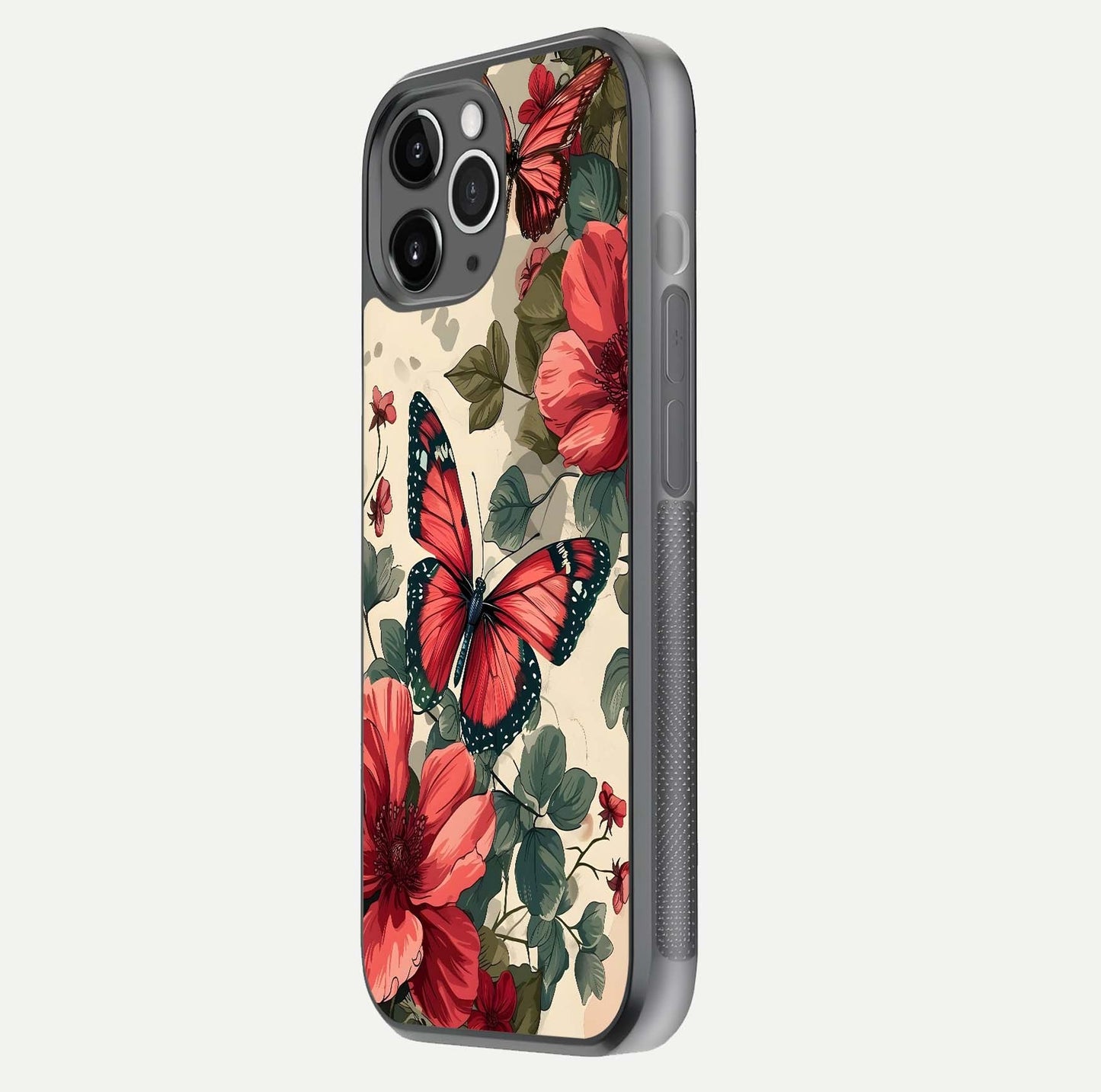 Crimson Butterfly Garden Glass Case for iPhone 11 Pro Max floating mockup showing HD gloss and vivid art