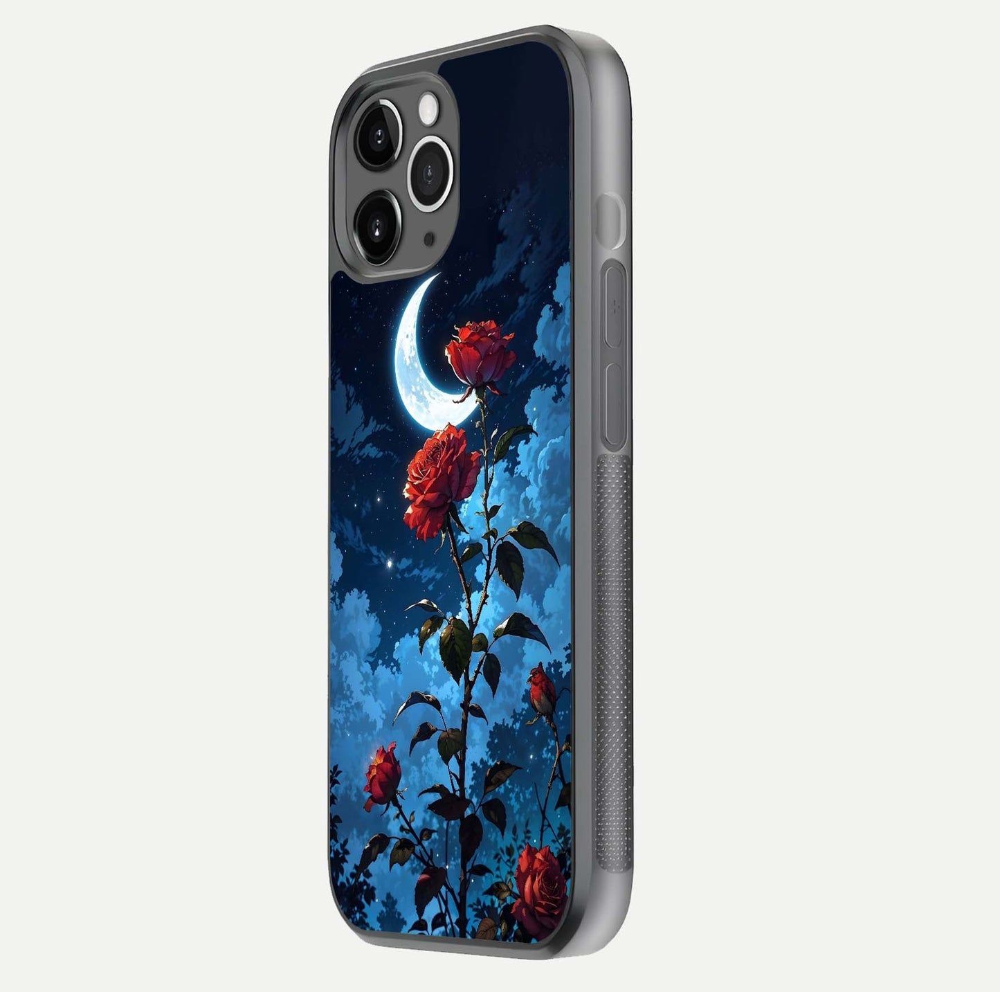 Crimson Rose Moon Glass Case for iPhone 11 Pro Max floating mockup showing HD shine and elegant contrast