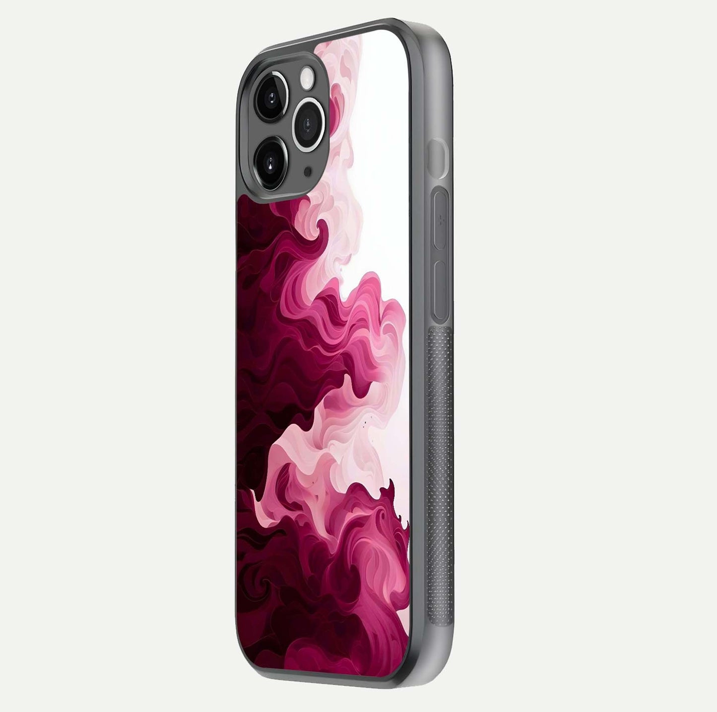 Crimson Wave Flow Glass Case for iPhone 11 Pro Max floating mockup showing gloss shine and smooth edge