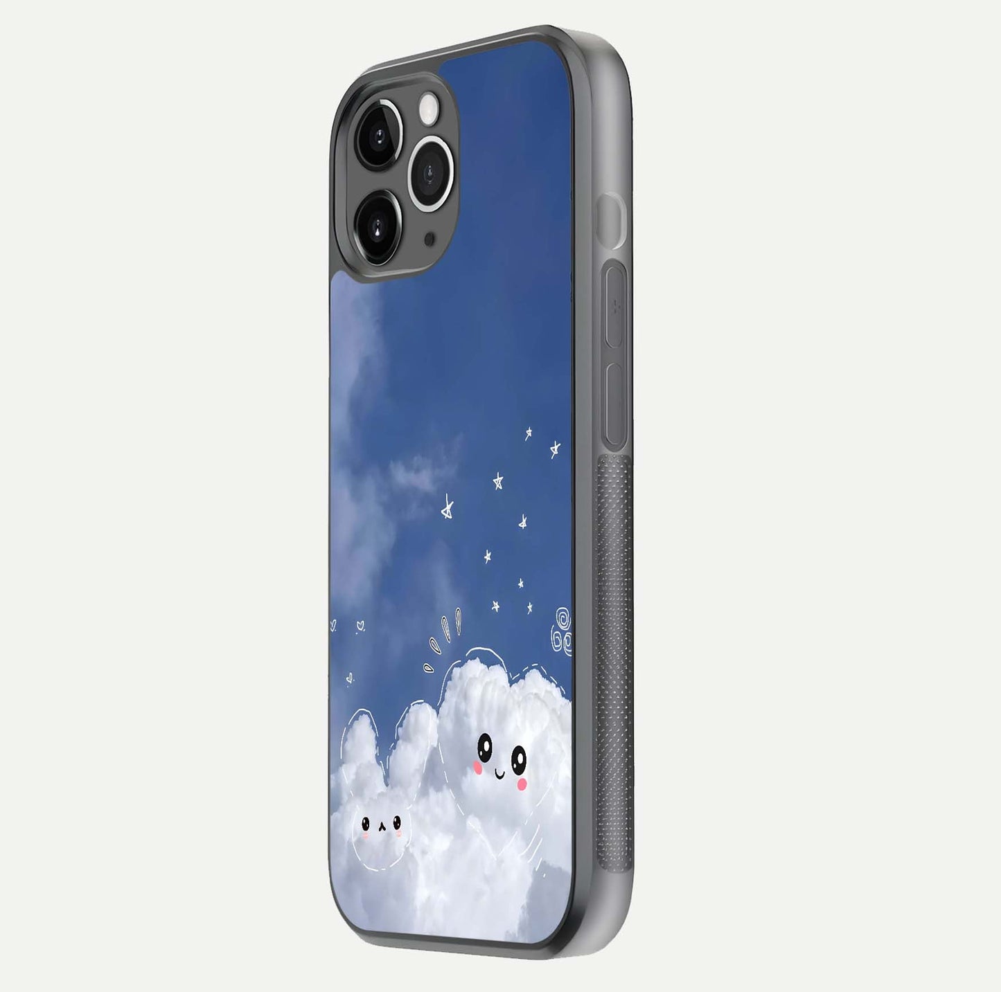 Cute Blossom Cloud Glass Case for iPhone 11 Pro Max floating mockup showing HD shine and soft gradient finish