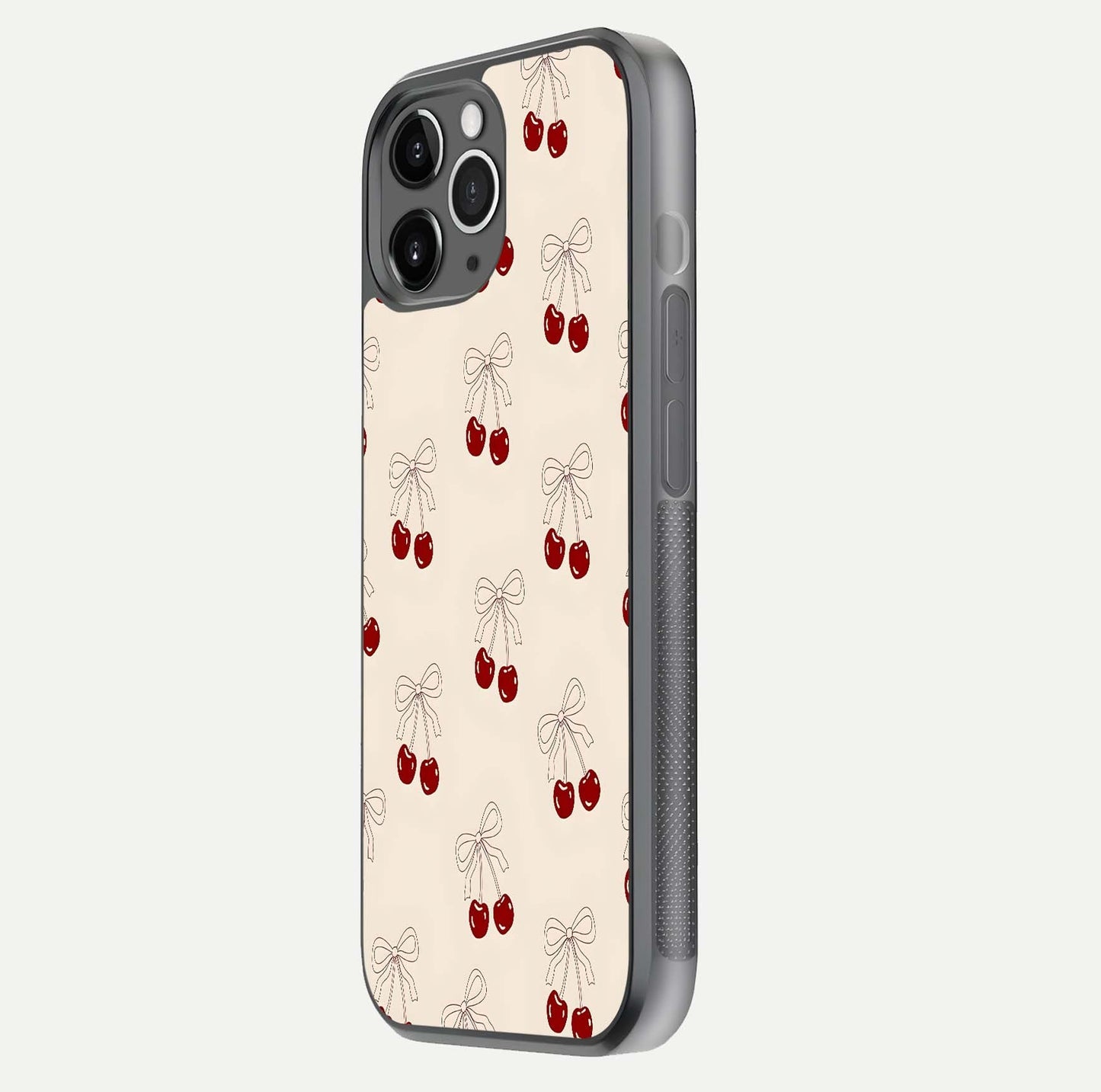 Cute Cherry Pattern Glass Case for iPhone 11 Pro Max floating mockup showing HD gloss shine and clear tones