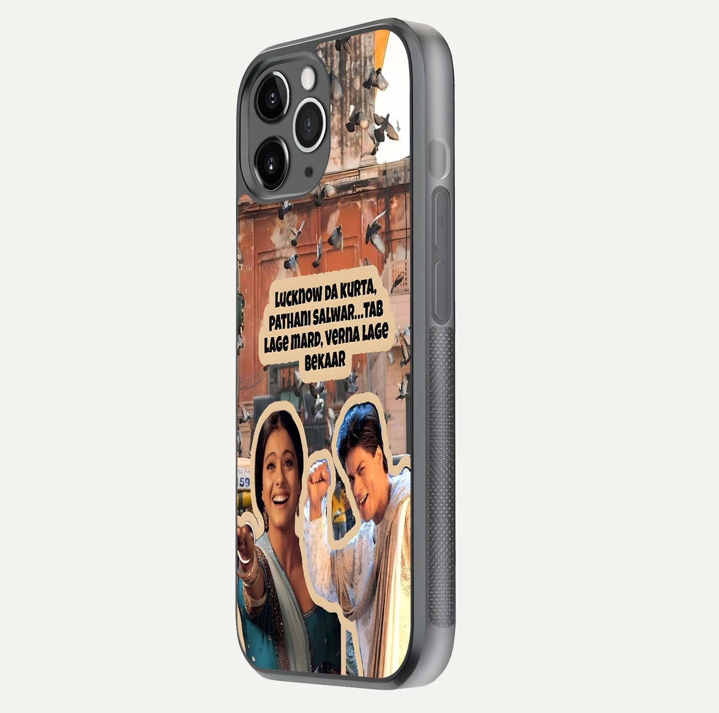 Desi Retro Vibes Glass Case for iPhone 11 Pro Max floating mockup showing shine polish and vivid tones