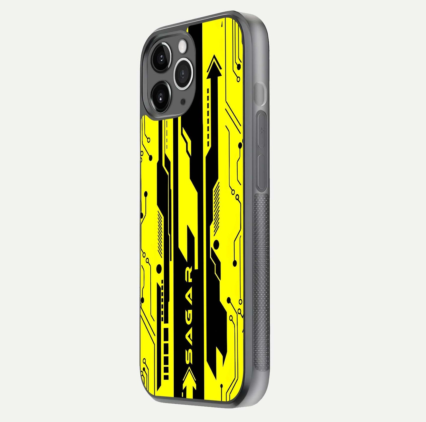 Electric Pulse CYBERPUNK Custom Name Glass Case for iPhone 11 Pro Max floating mockup showing HD gloss and vibrant cyberpunk glow