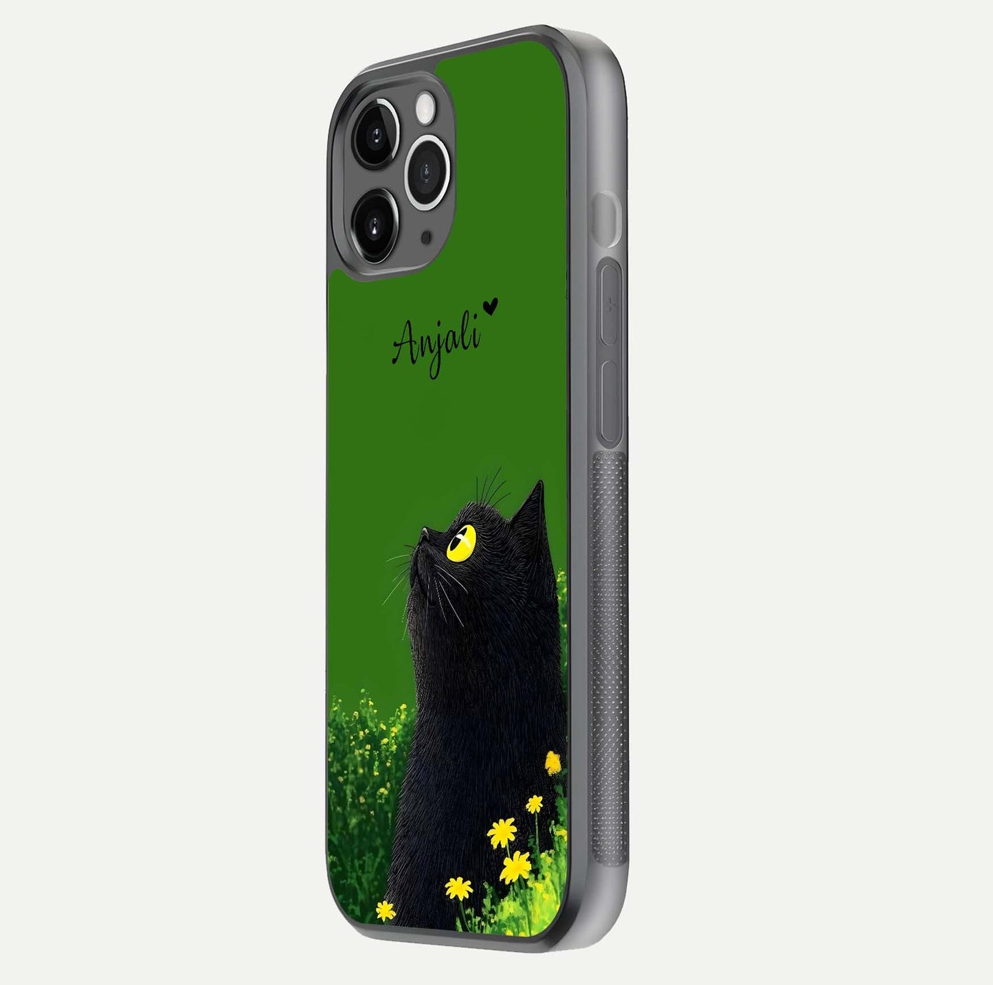 Emerald Cat Custom Name Glass Case for iPhone 11 Pro Max floating mockup showing HD gloss and soft gradient
